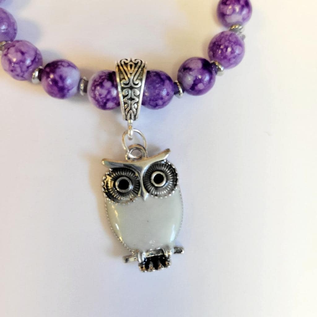 Purple Snowflake Beaded Silver Owl Charm 7" Stretch Bracelet