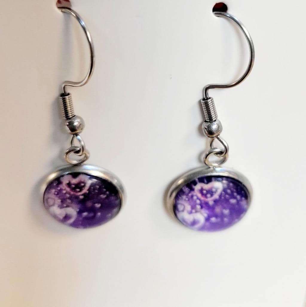 Purple heart bubble dangle drop earrings