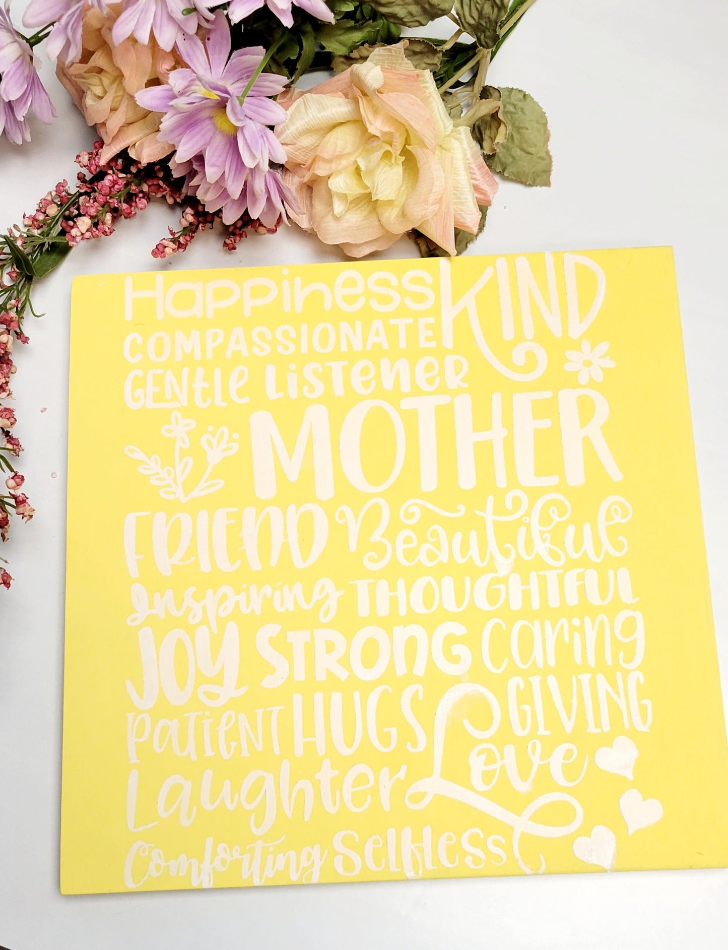 Handpainted Mother's Day Wood Sign: Cheerful Yellow Table Art