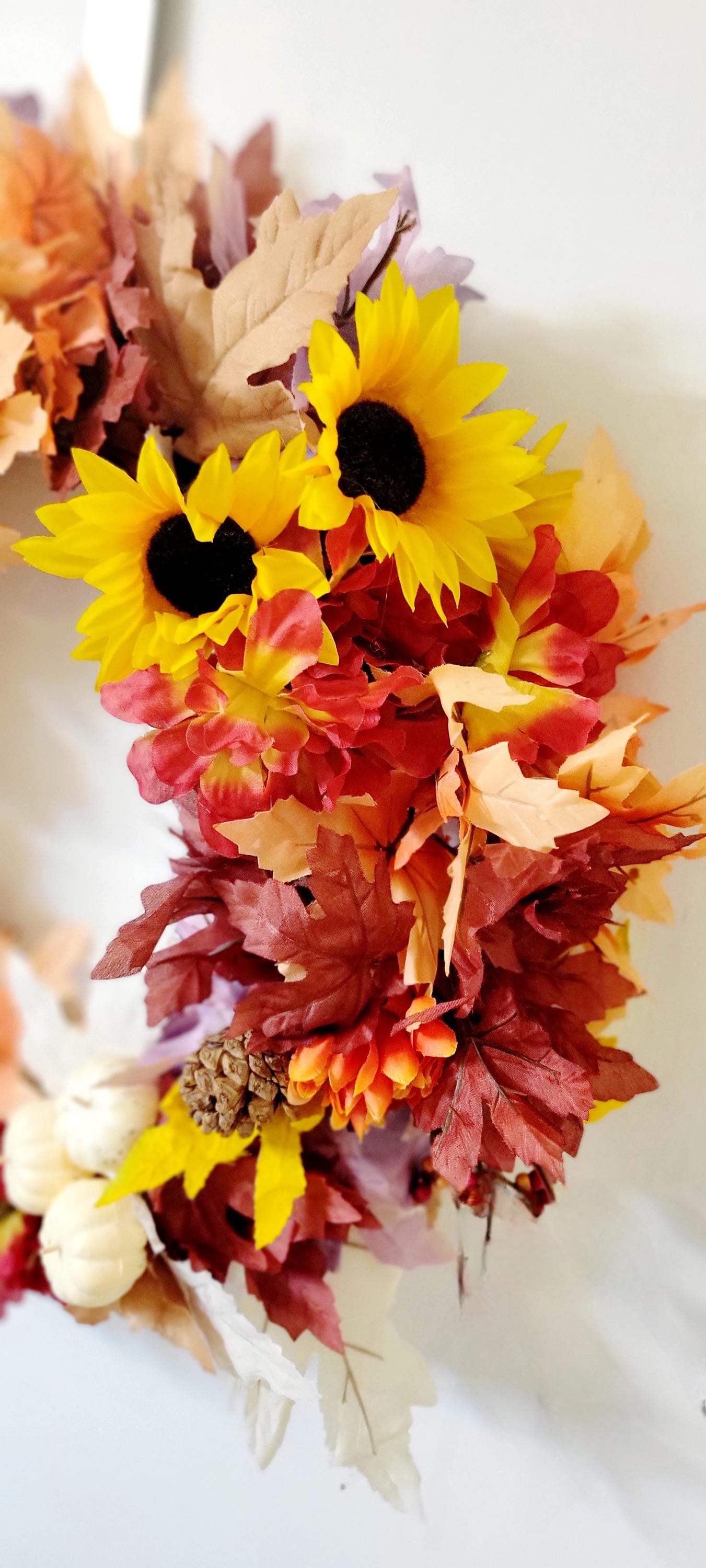 Hand Crafted Festive Fall Autumn Thanksgiving Wreath Door Hanging with Sunflowers and Pinecones