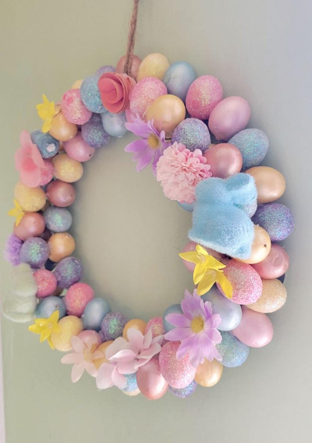 Handmade 12" Easter Spring wreath with artificial eggs, flowers & rabbits