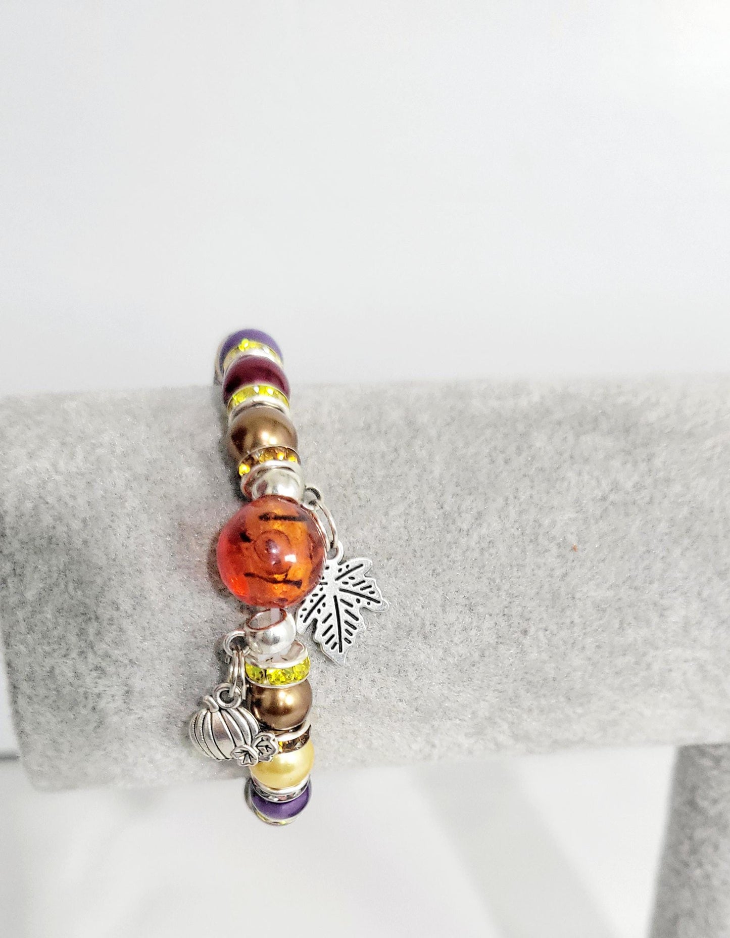 Autumn Fall color glass beaded pumpkin leaf charm bracelet