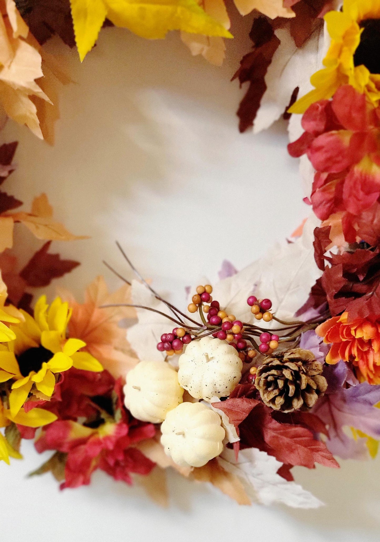 Hand Crafted Festive Fall Autumn Thanksgiving Wreath Door Hanging with Sunflowers and Pinecones