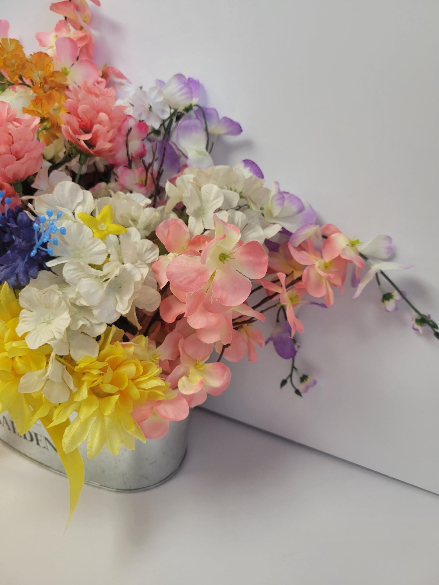 Colorful Floral Arrangement in Metal Flowers & Garden Planter Hand Crafted