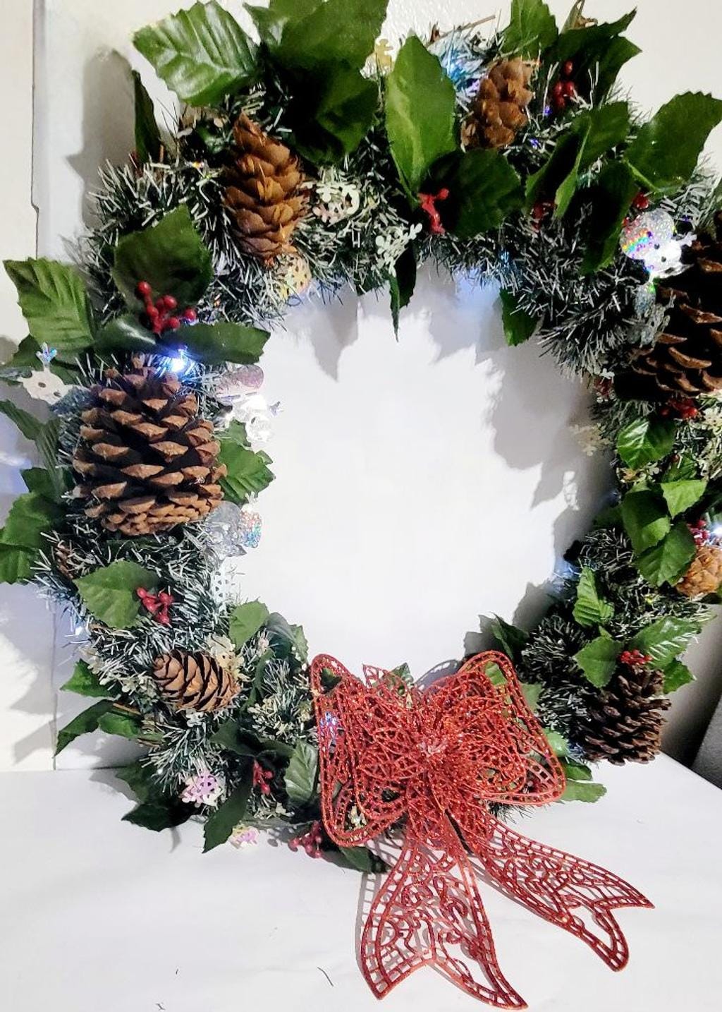 **SOLD** Handcrafted upcycled pre-lit 14" Christmas wreath door hanging wall decor