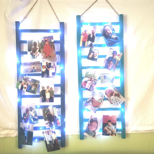 Repurposed Wood Ladder Photo Display: Vintage Crib Frame with Fairy Lights