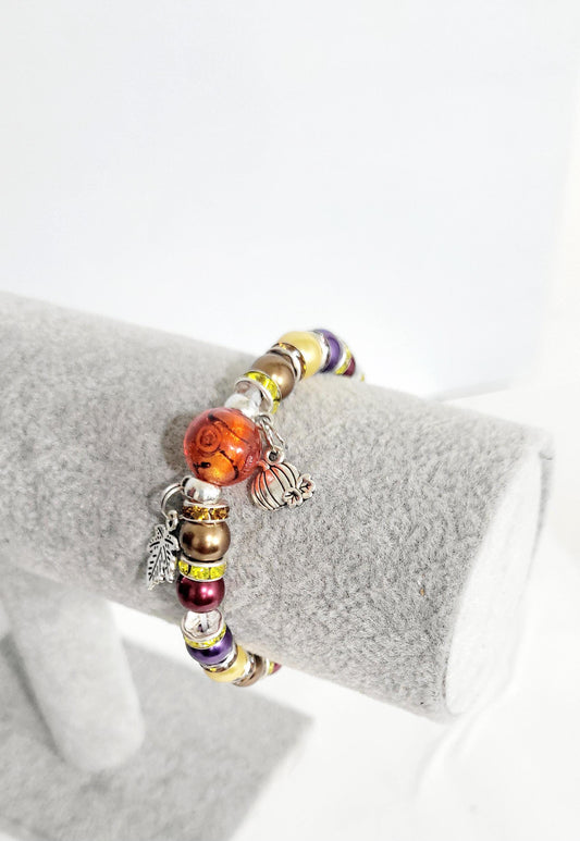 Autumn Fall color glass beaded pumpkin leaf charm bracelet