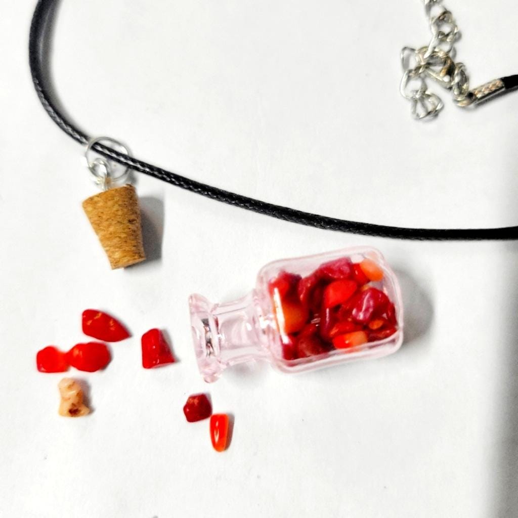 Hand crafted natural red coral crystal mini wish bottle pendant necklace