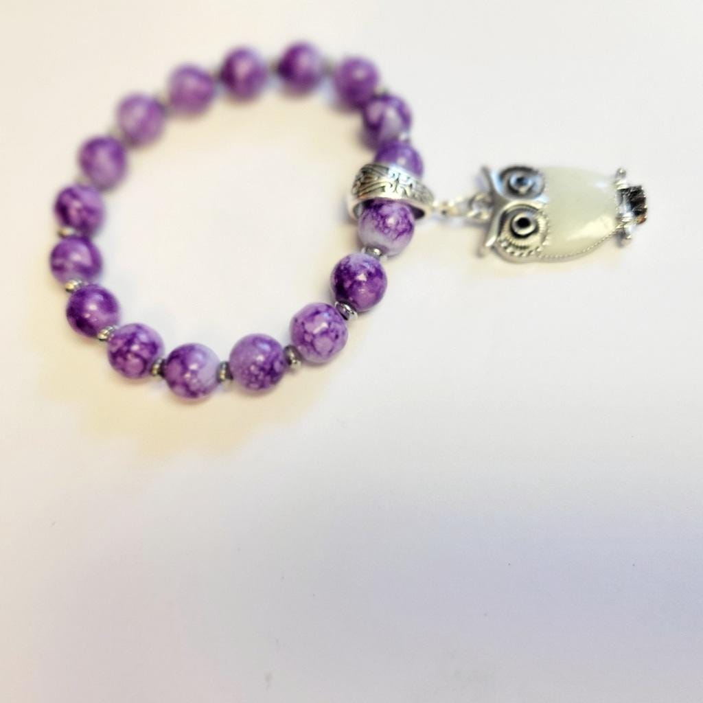 Purple Snowflake Beaded Silver Owl Charm 7" Stretch Bracelet