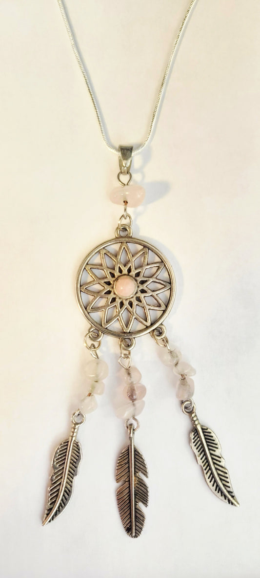 Dream catcher Rose Quartz pendant 925 sterling silver necklace