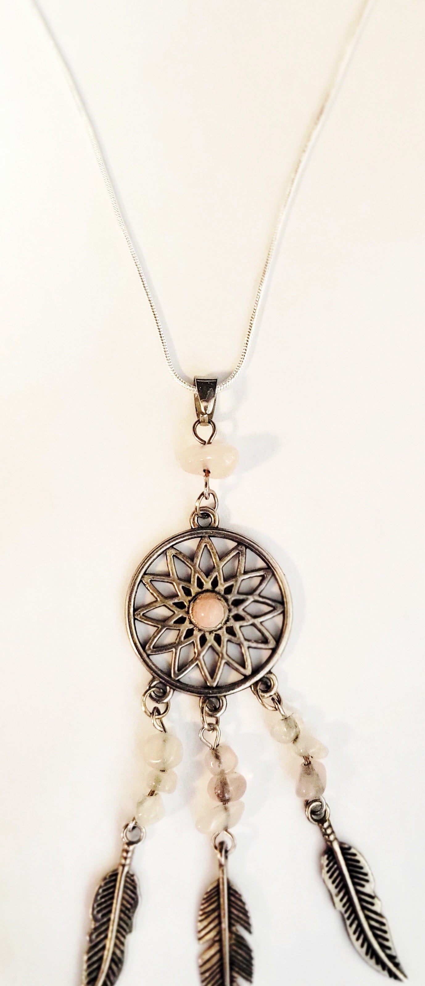 Dream catcher Rose Quartz pendant 925 sterling silver necklace