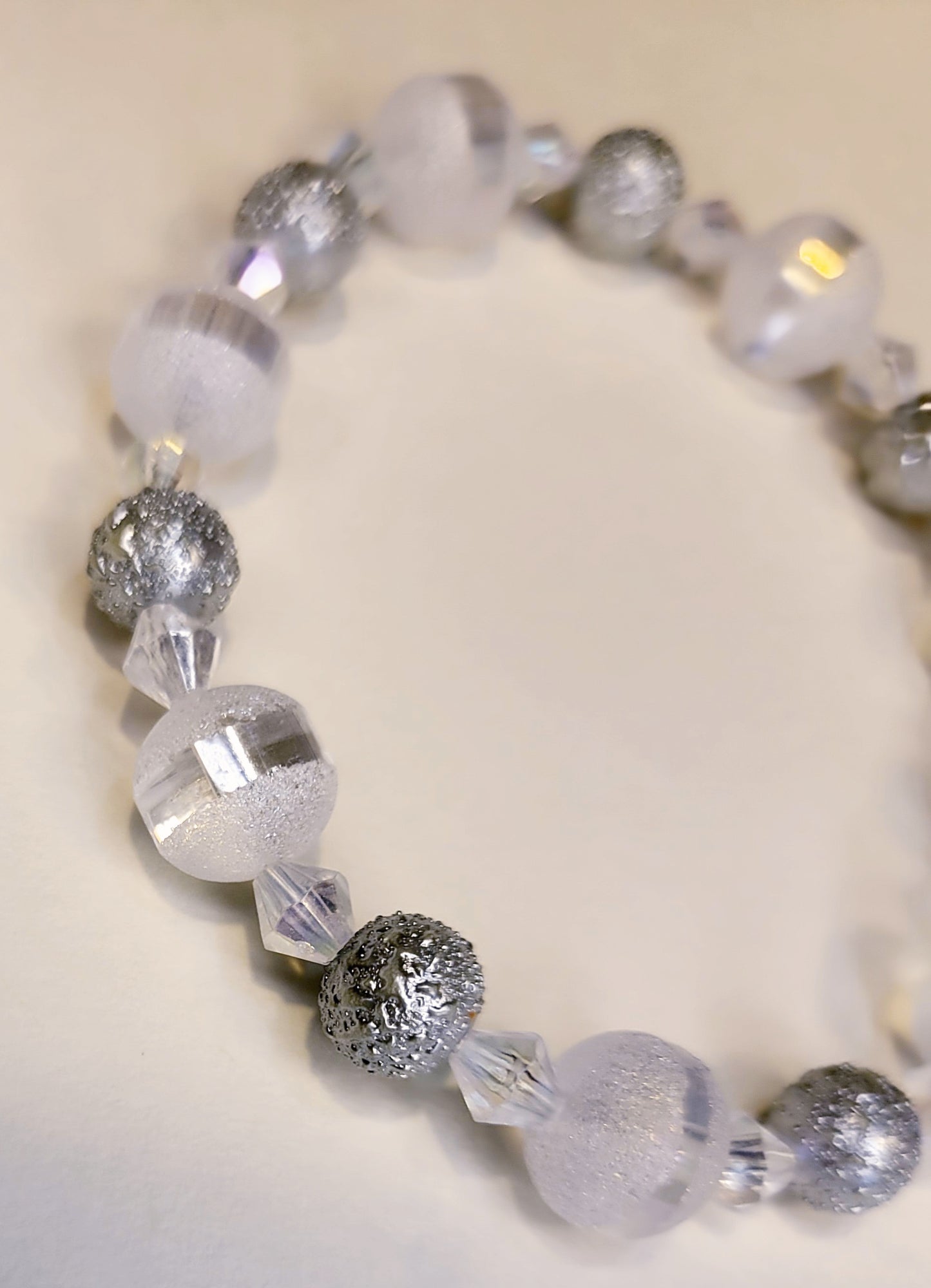 Matte silver striped crystal beaded bracelet 8mm 8-inch