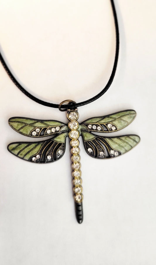 Green enamel & rhinestone dragonfly pendant Necklace
