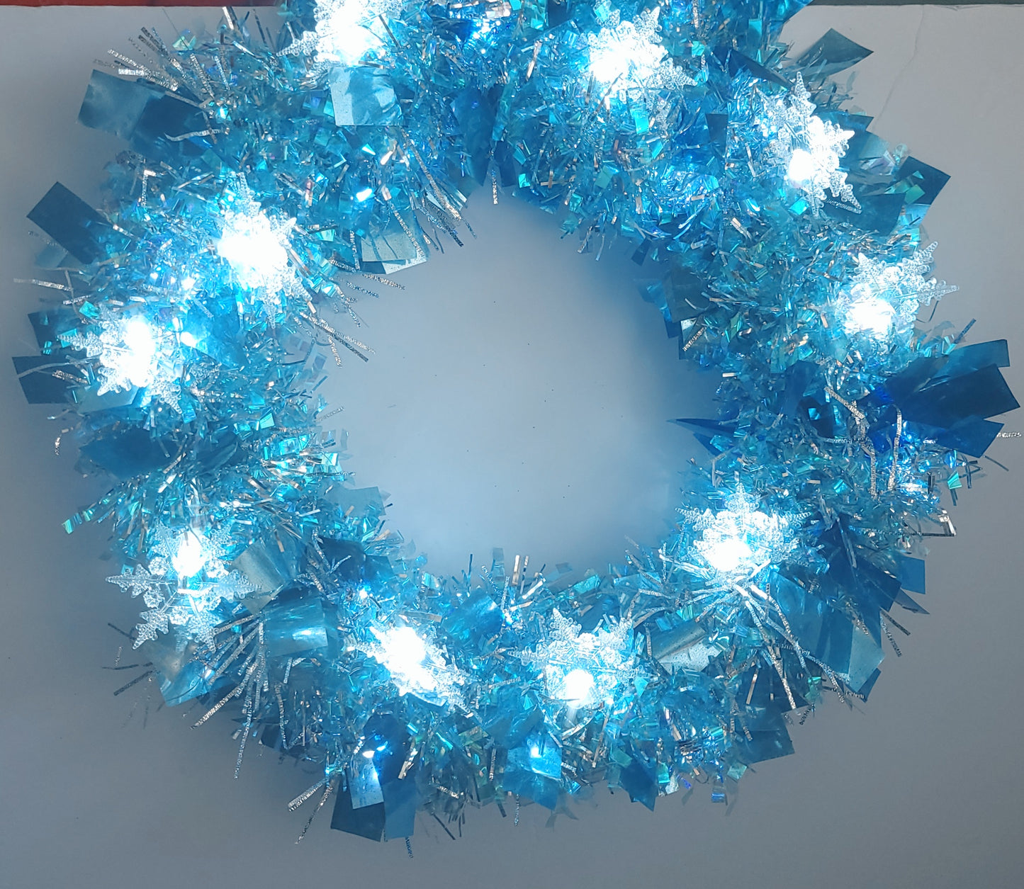 Modern Frosted Snowflake Wreath (13"), Icy Blue Christmas Accent Decor, LED Tinsel Winter Home Wreath