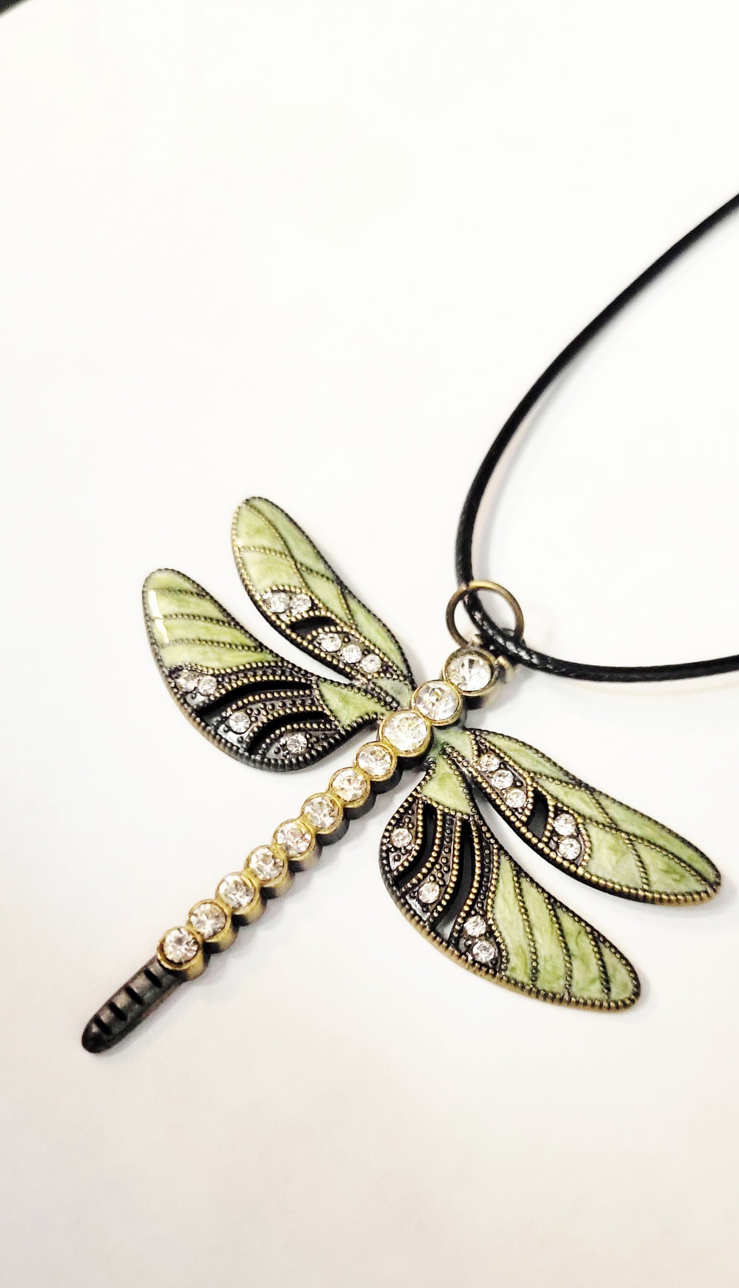 Green enamel & rhinestone dragonfly pendant Necklace