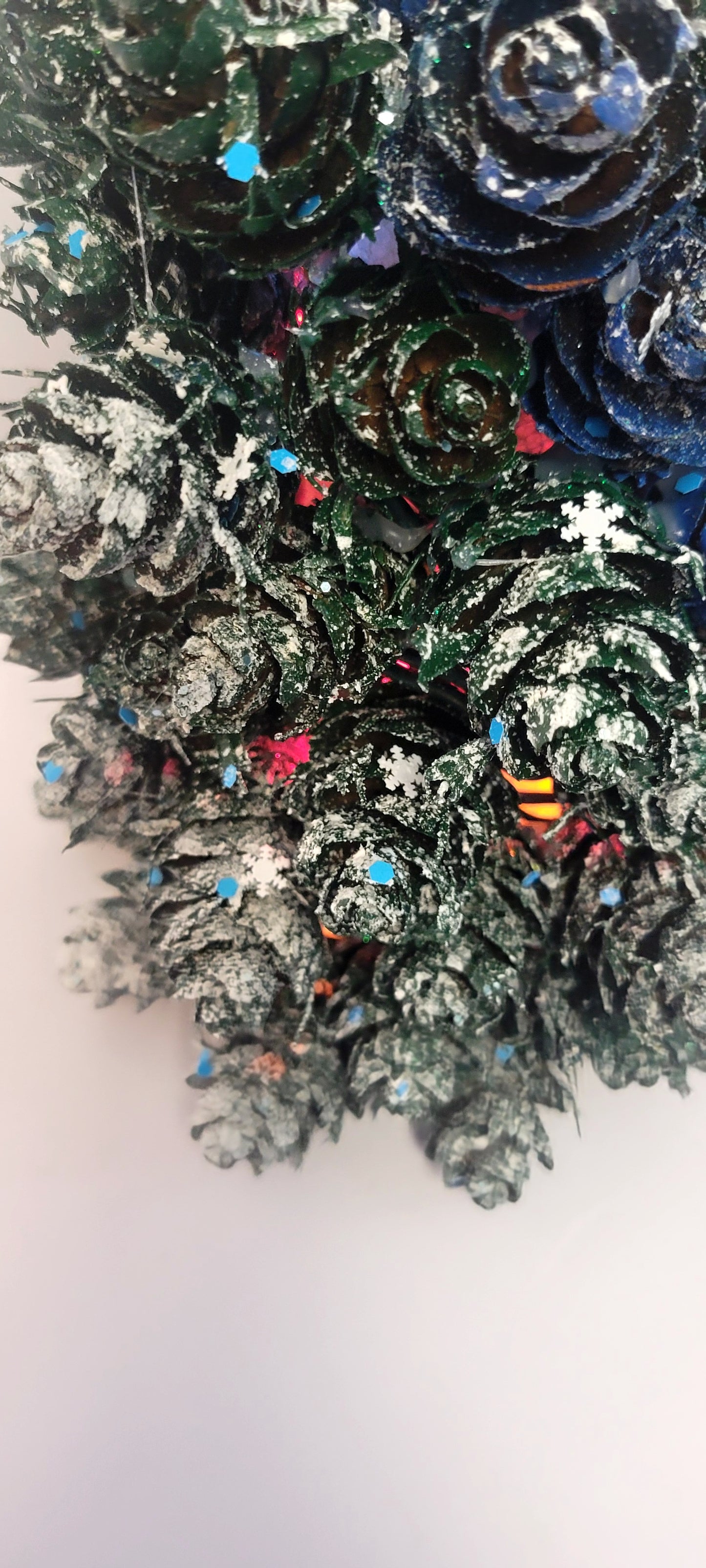 Artisan Pinecone Christmas Tree with Lights | Handpainted Frosted Indigo & Emerald Tabletop Decor | Unique Holiday Gift
