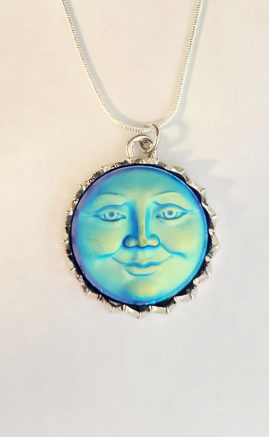 Blue Moon Necklace / Iridescent Smiling Moon Pendant Necklace/Sterling silver