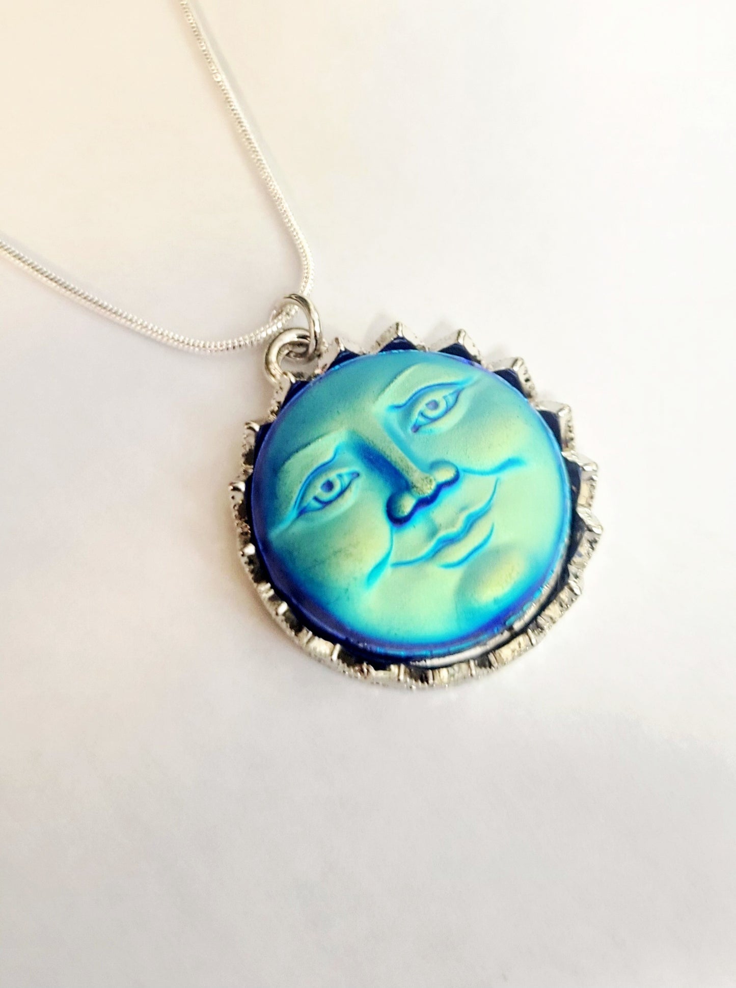 Blue Moon Necklace / Iridescent Smiling Moon Pendant Necklace/Sterling silver