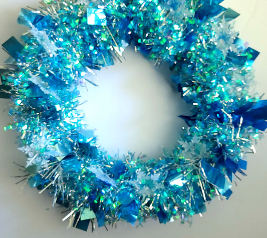 Modern Frosted Snowflake Wreath (13"), Icy Blue Christmas Accent Decor, LED Tinsel Winter Home Wreath