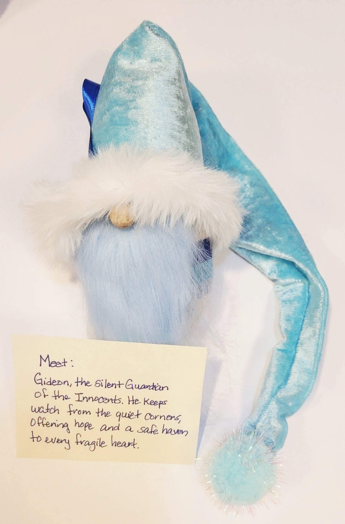 Child Abuse Awareness Gift Gnome - Gideon the Silent Guardian - Blue Ribbon Support Decor - Mission Driven Handmade Gift - Shelf Sitter