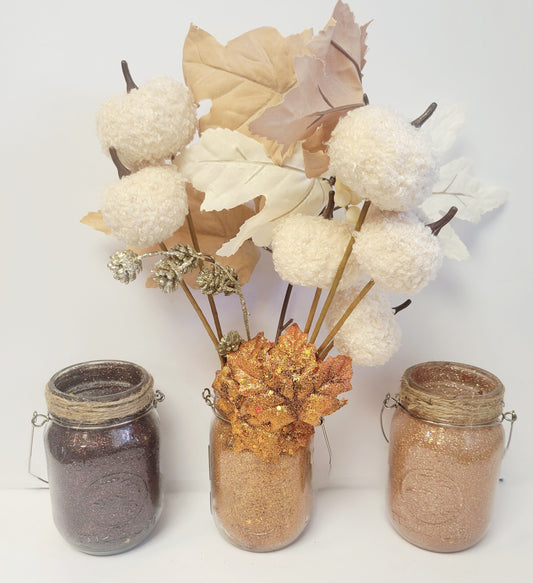 Glitter Fall Autumn Mason Jars Set Of 3 Centerpiece Table Decor