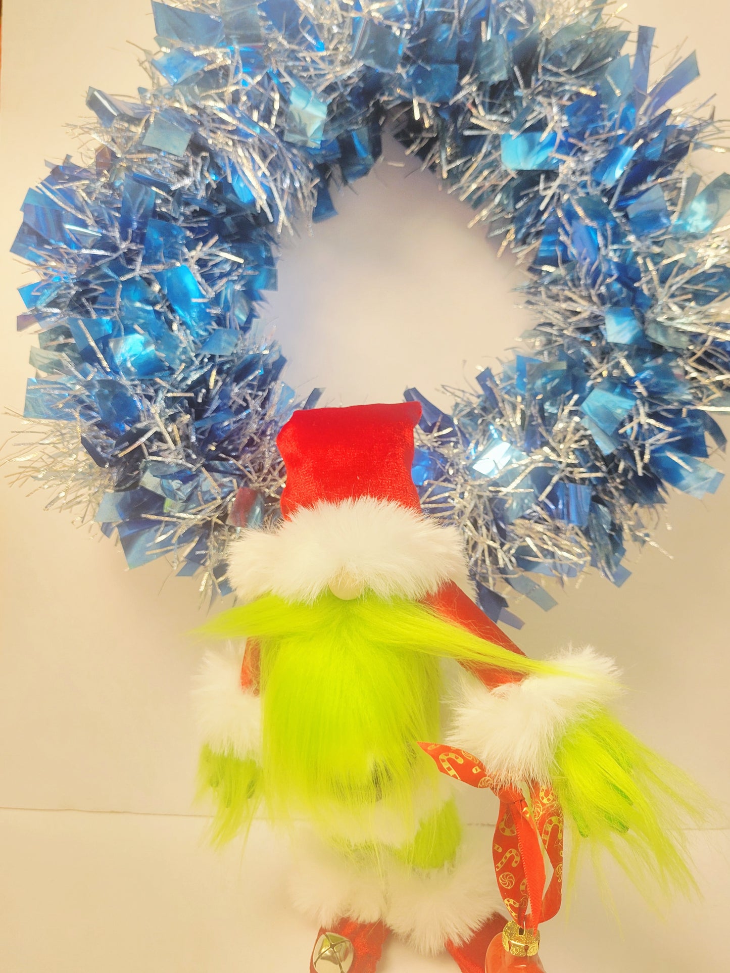 Handmade Grinch Santa Gnome, 18.5" Holiday Decor, Luxury Velvet & Faux Fur with Hand-Painted Heart Ornament