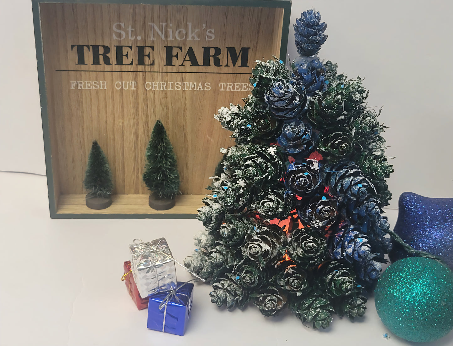Artisan Pinecone Christmas Tree with Lights | Handpainted Frosted Indigo & Emerald Tabletop Decor | Unique Holiday Gift