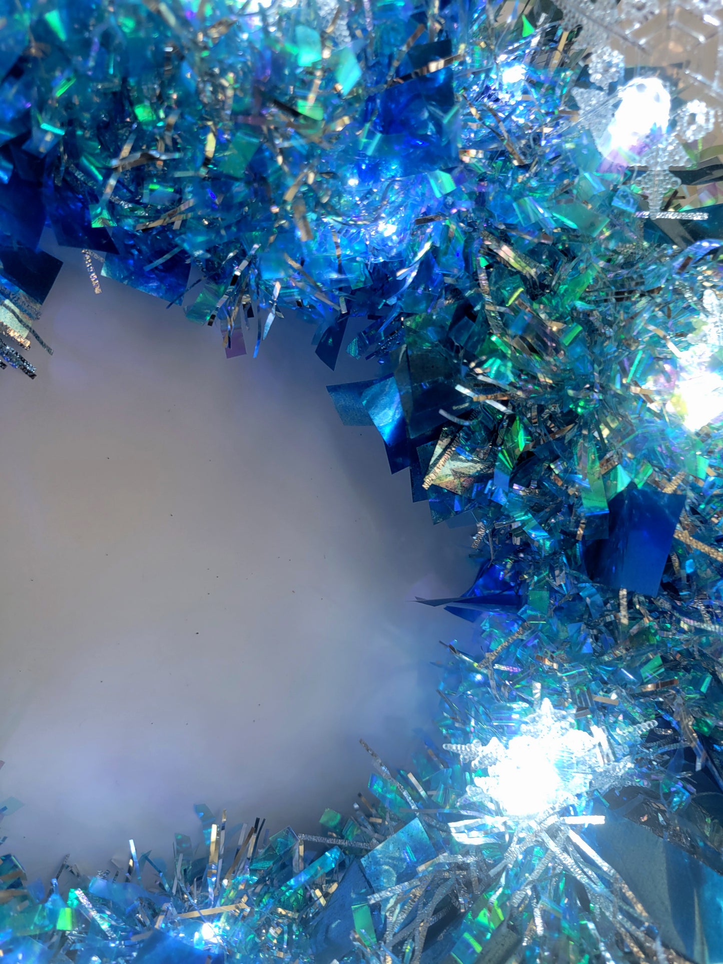 Modern Frosted Snowflake Wreath (13"), Icy Blue Christmas Accent Decor, LED Tinsel Winter Home Wreath