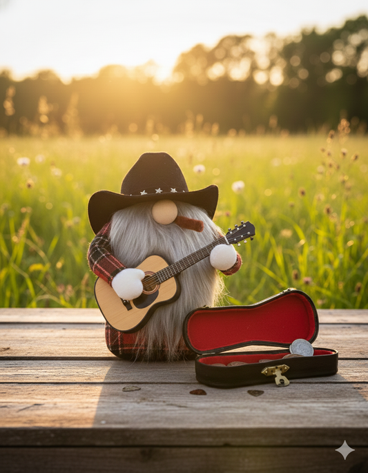 Made to order Cowboy guitar playing gnome/Western Gnome/Cowboy Gonk/Gift for him/Western lover/Shelf Sitter/Tiered Tray Decor