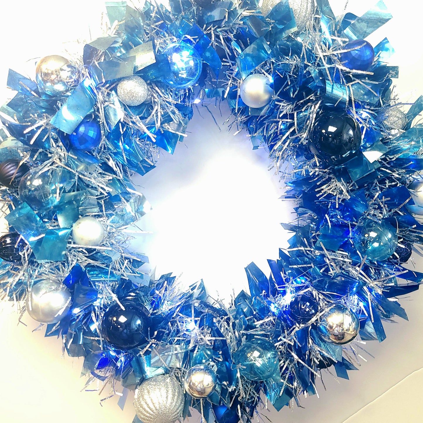 Luxury Icy Blue & Silver Ornament Wreath (16"), Lighted Modern Christmas Door Decor, Custom Handmade Blue Glam Wreath