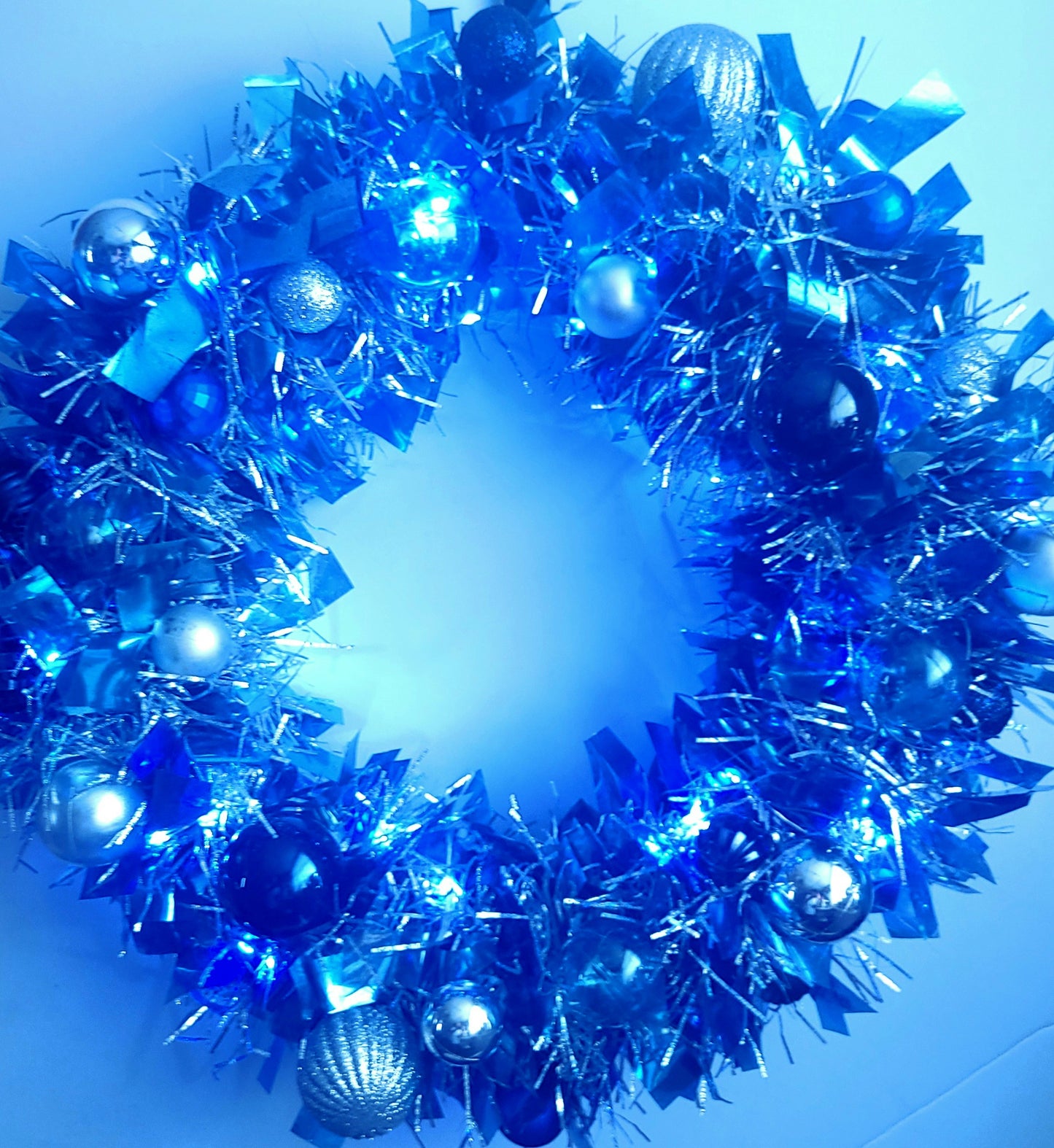 Luxury Icy Blue & Silver Ornament Wreath (16"), Lighted Modern Christmas Door Decor, Custom Handmade Blue Glam Wreath
