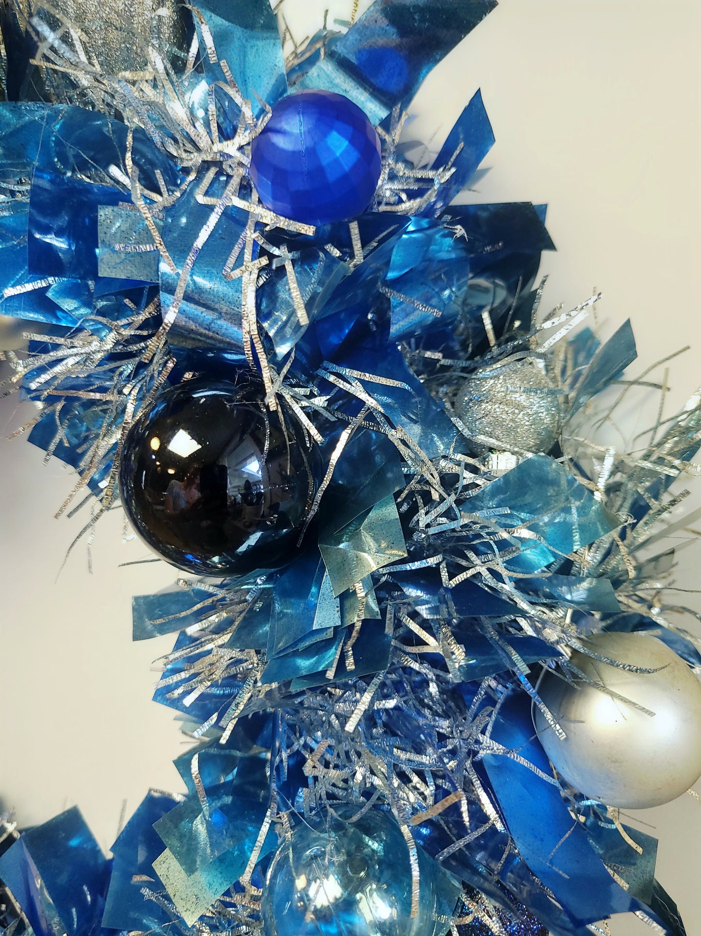Luxury Icy Blue & Silver Ornament Wreath (16"), Lighted Modern Christmas Door Decor, Custom Handmade Blue Glam Wreath