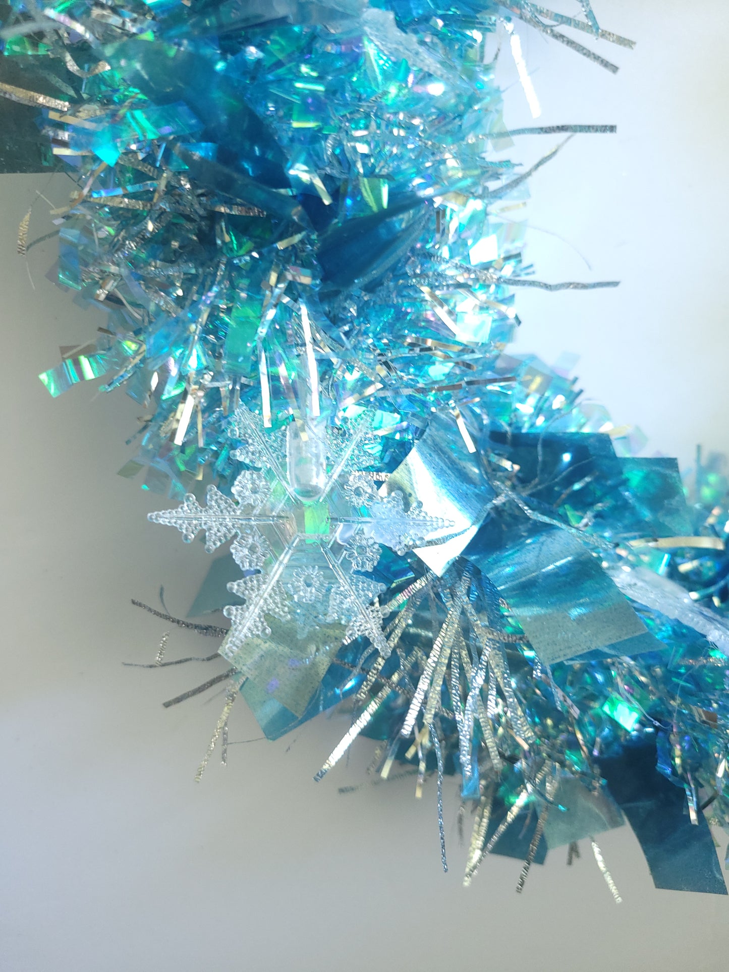 Modern Frosted Snowflake Wreath (13"), Icy Blue Christmas Accent Decor, LED Tinsel Winter Home Wreath