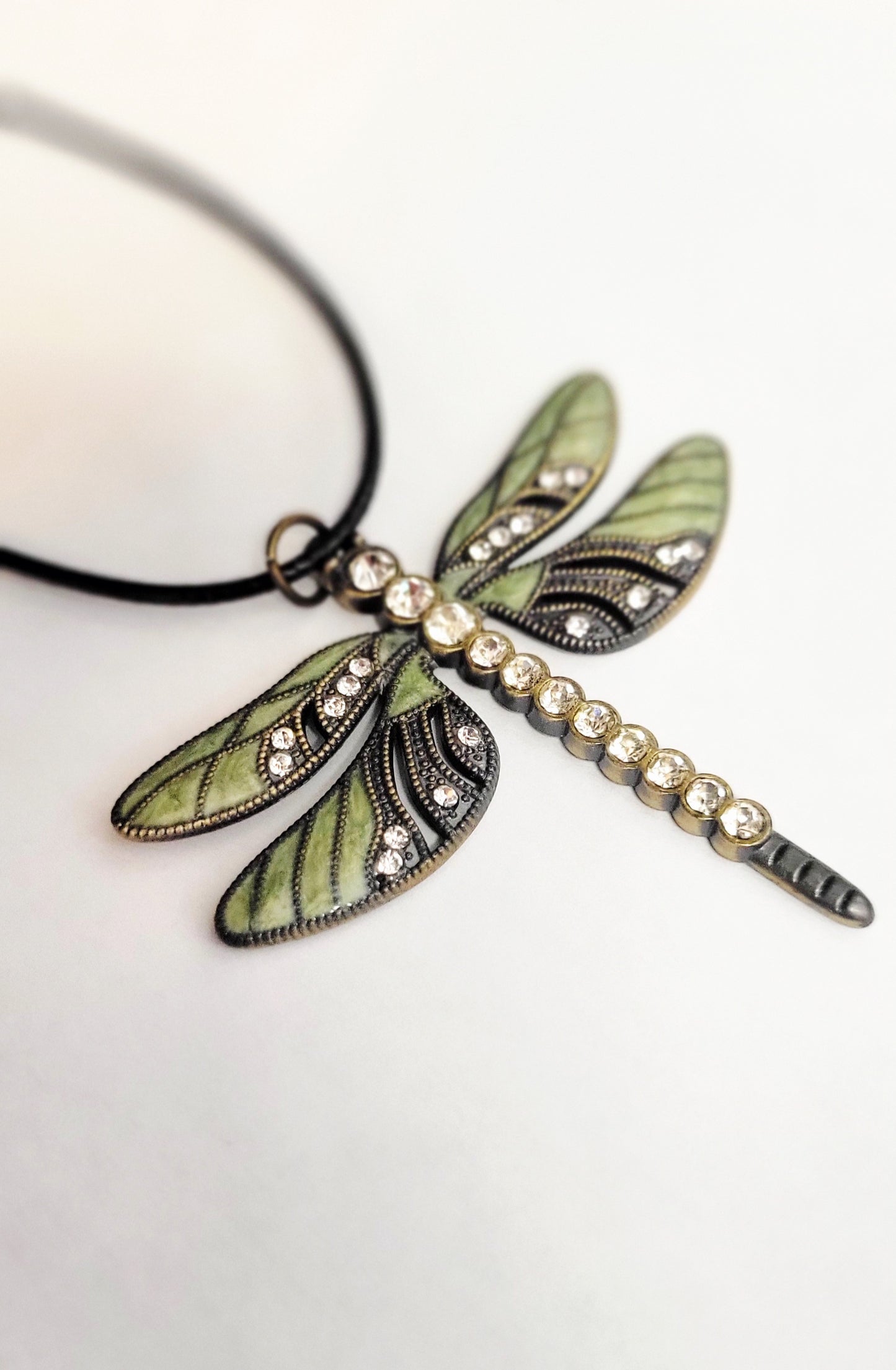 Green enamel & rhinestone dragonfly pendant Necklace