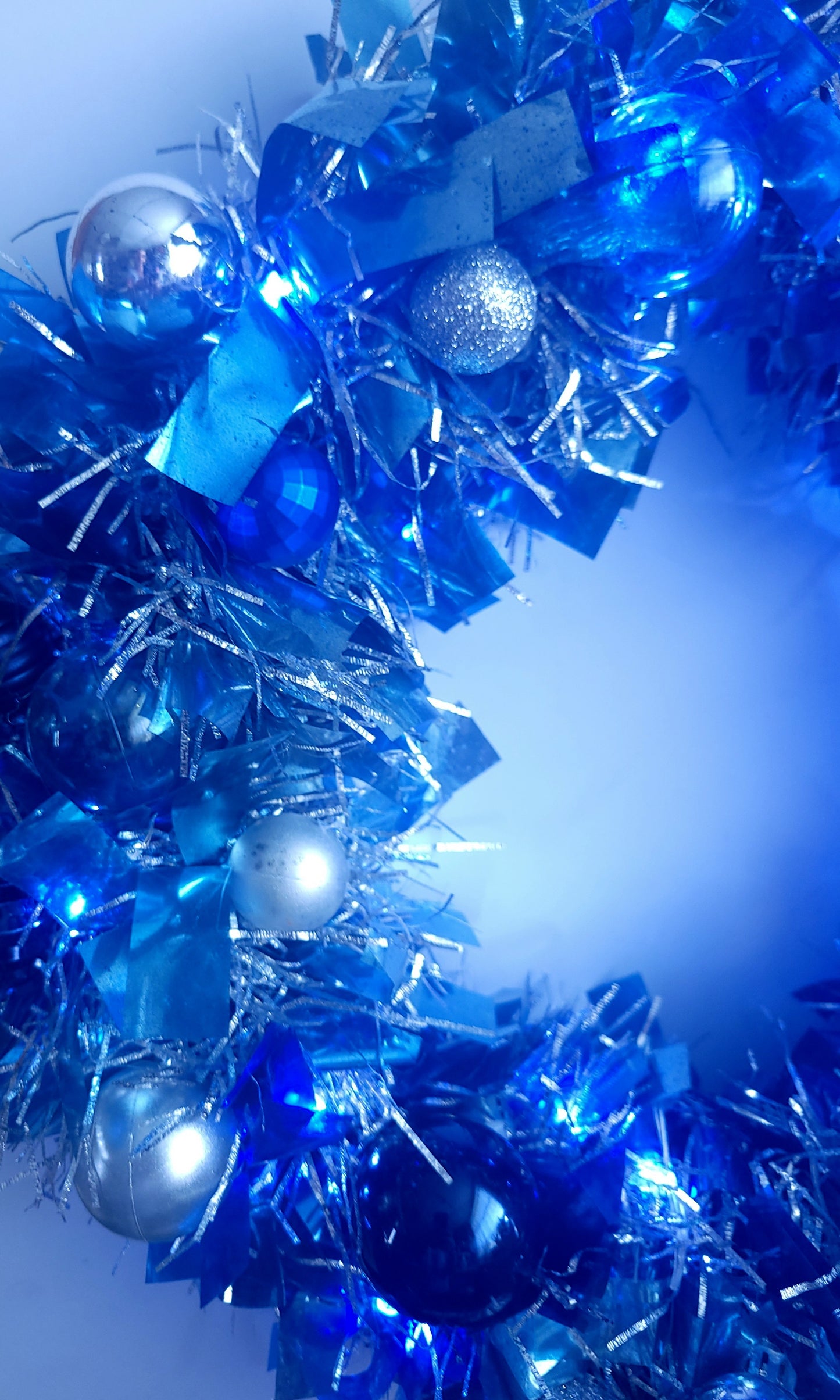 Luxury Icy Blue & Silver Ornament Wreath (16"), Lighted Modern Christmas Door Decor, Custom Handmade Blue Glam Wreath