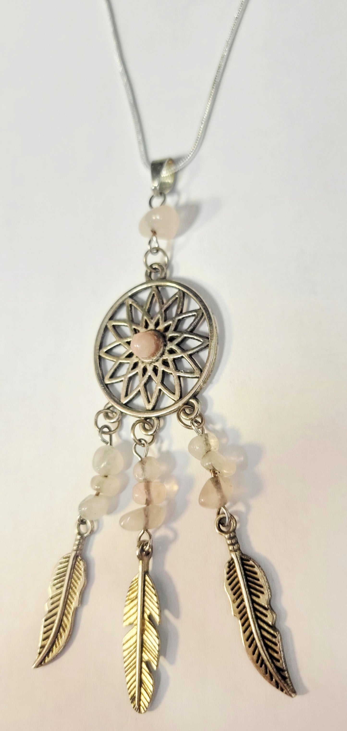 Dream catcher Rose Quartz pendant 925 sterling silver necklace