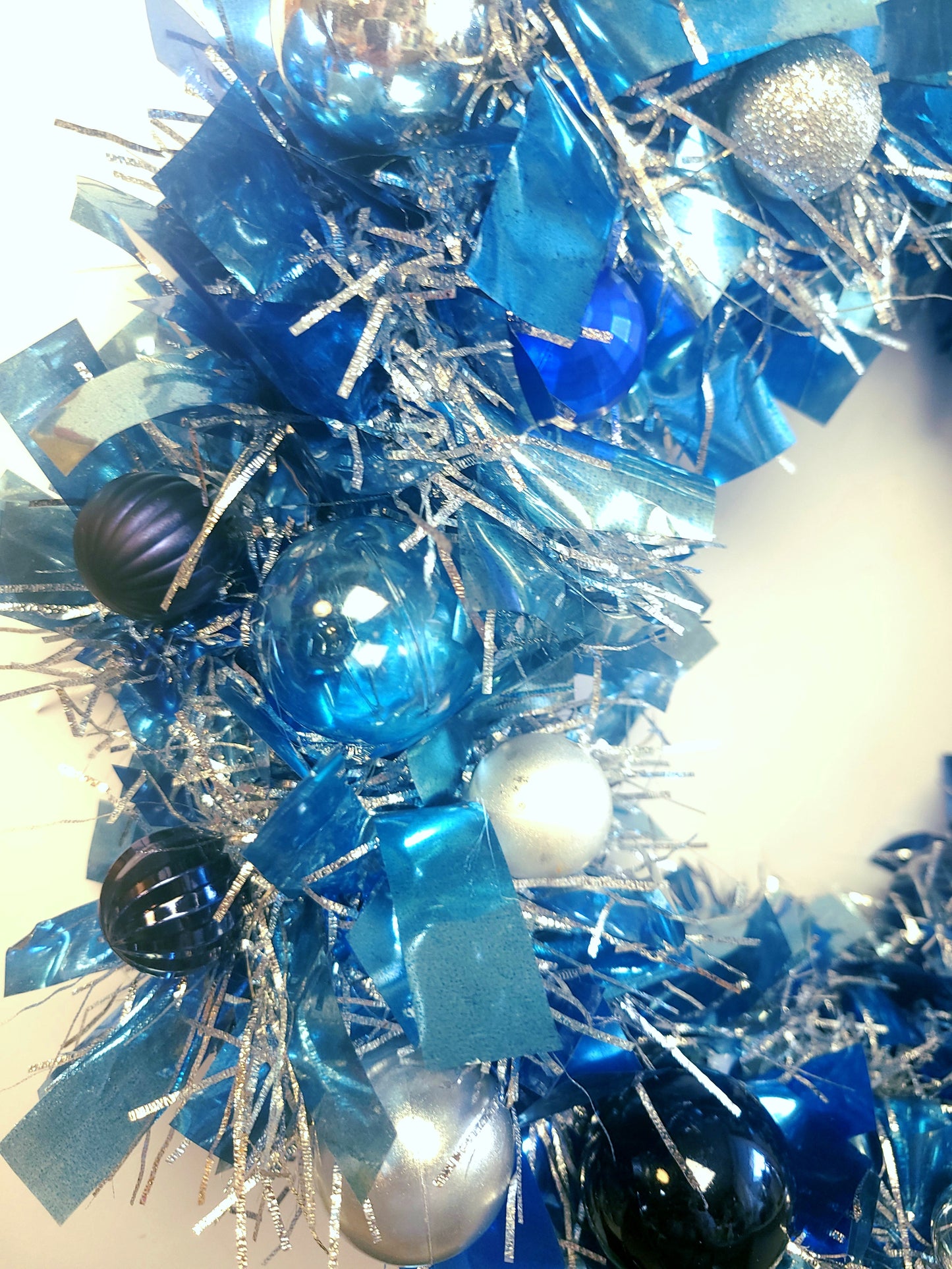 Luxury Icy Blue & Silver Ornament Wreath (16"), Lighted Modern Christmas Door Decor, Custom Handmade Blue Glam Wreath