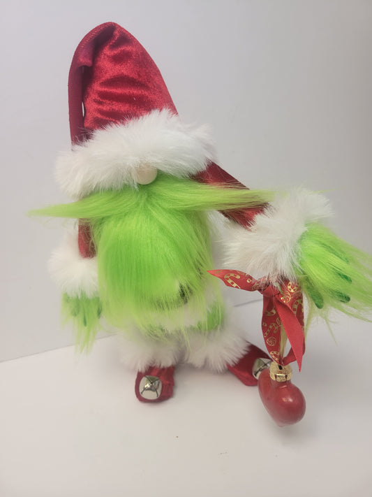 Handmade Grinch Santa Gnome, 18.5" Holiday Decor, Luxury Velvet & Faux Fur with Hand-Painted Heart Ornament