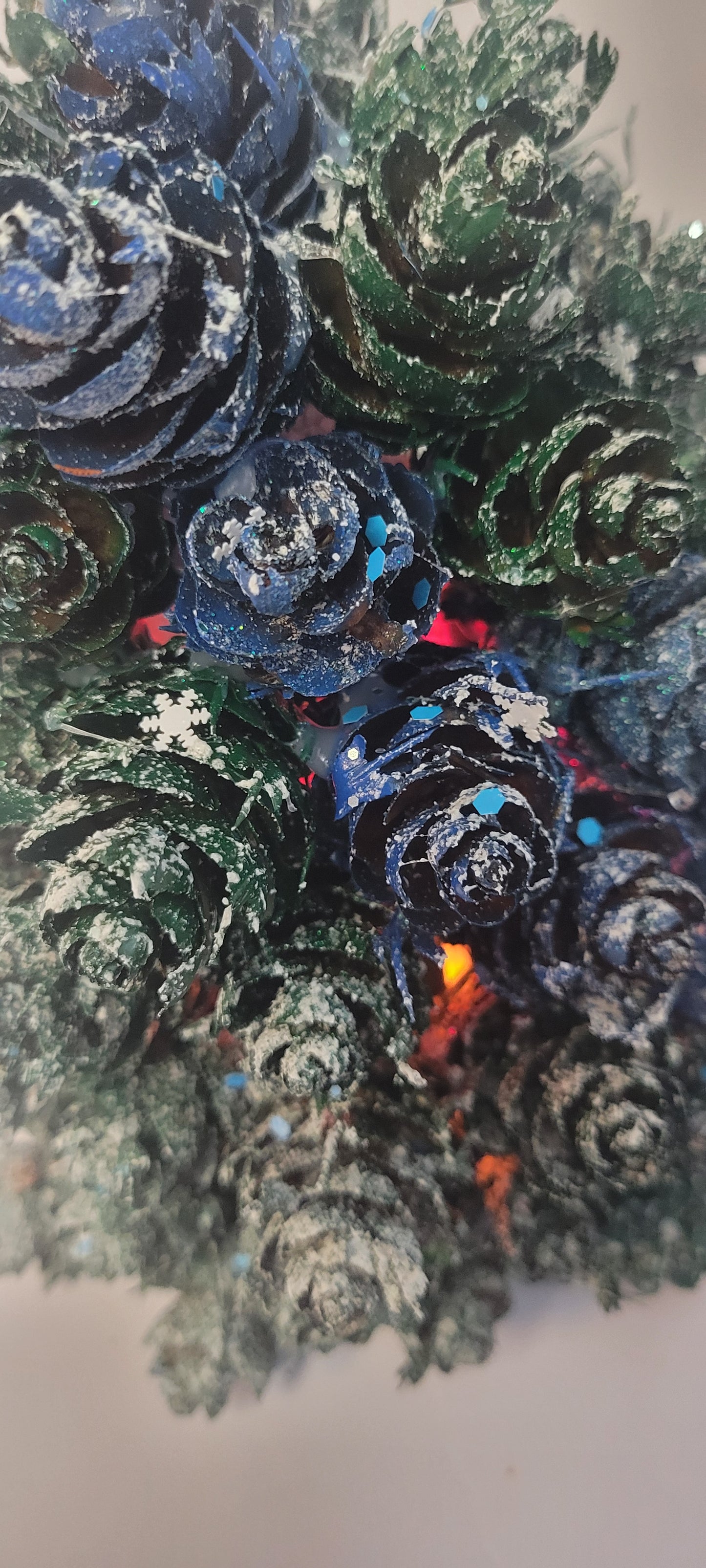 Artisan Pinecone Christmas Tree with Lights | Handpainted Frosted Indigo & Emerald Tabletop Decor | Unique Holiday Gift