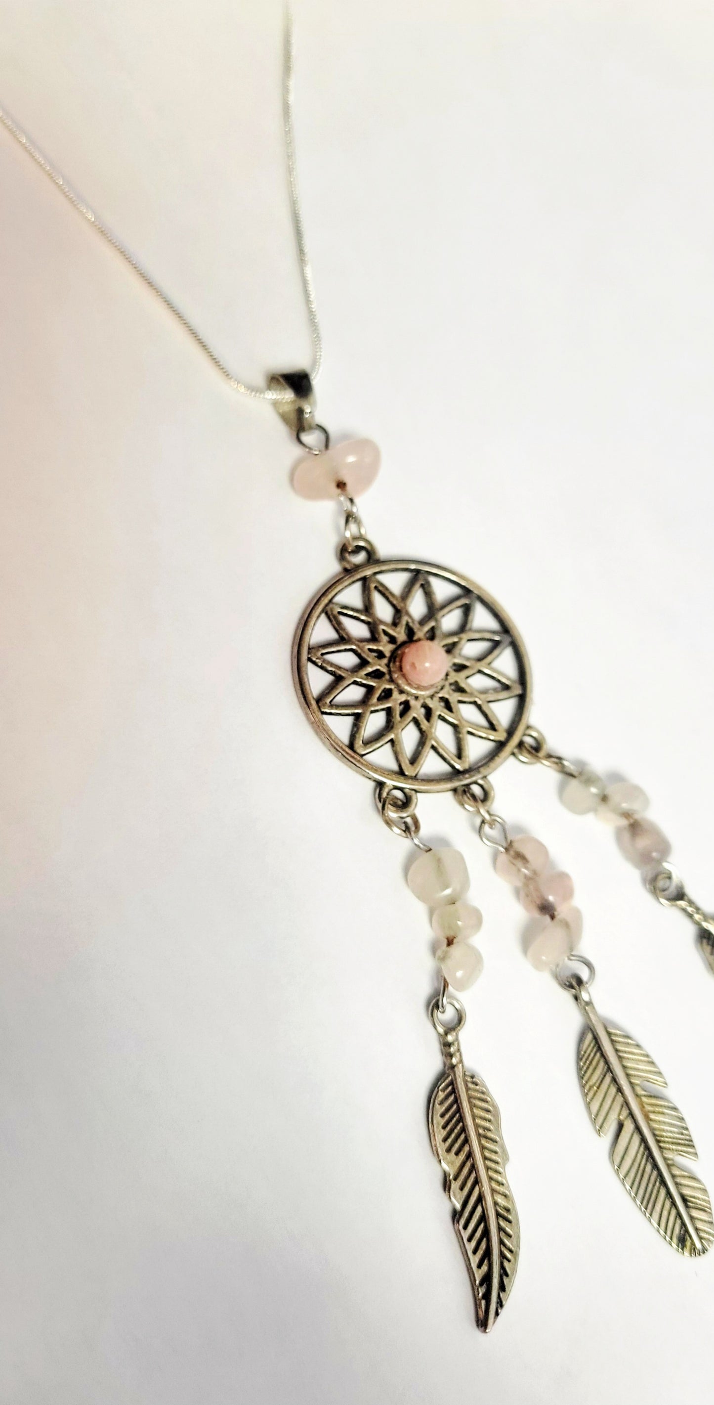 Dream catcher Rose Quartz pendant 925 sterling silver necklace