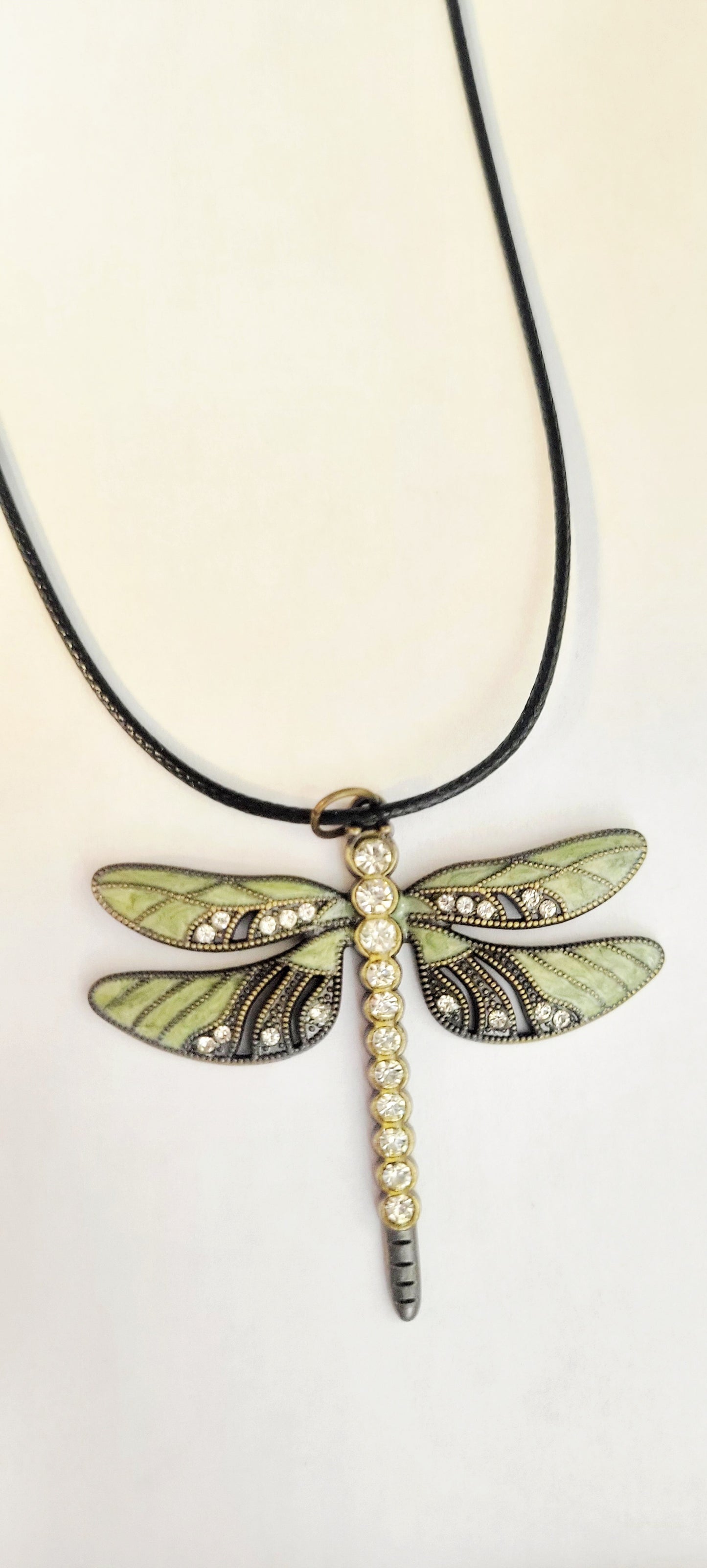 Green enamel & rhinestone dragonfly pendant Necklace