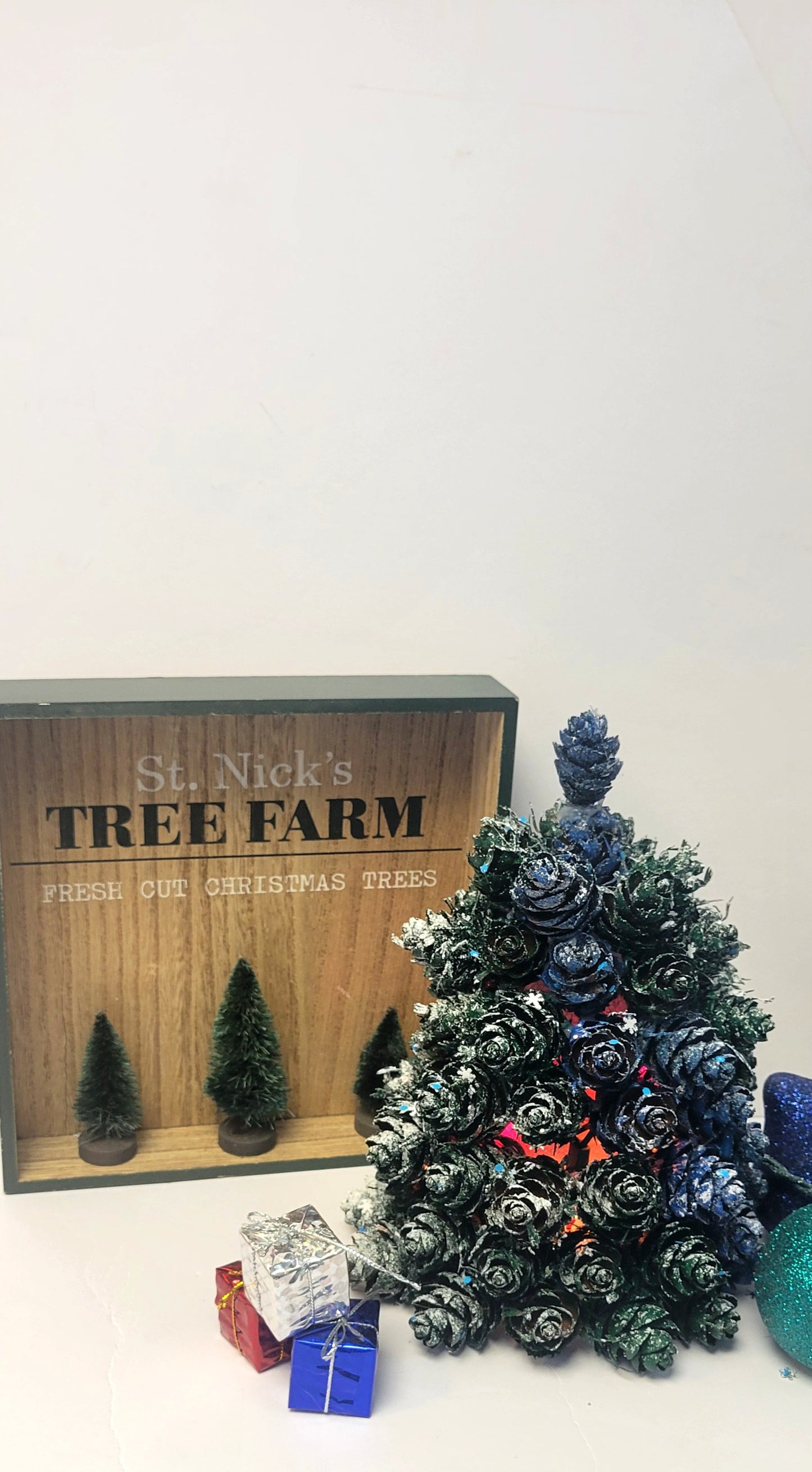 Artisan Pinecone Christmas Tree with Lights | Handpainted Frosted Indigo & Emerald Tabletop Decor | Unique Holiday Gift