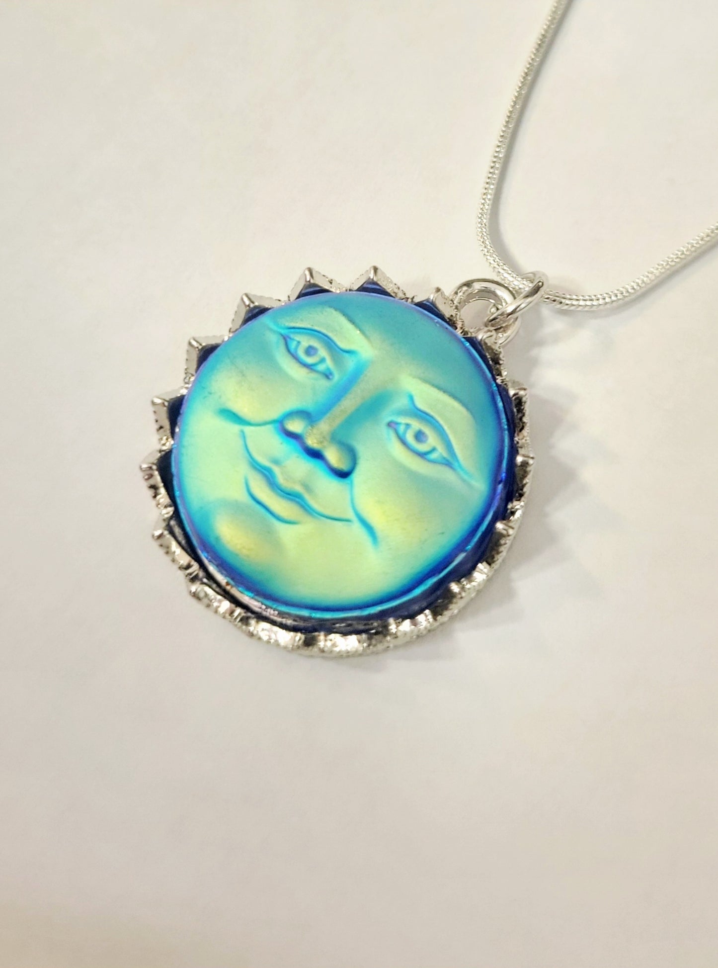 Blue Moon Necklace / Iridescent Smiling Moon Pendant Necklace/Sterling silver