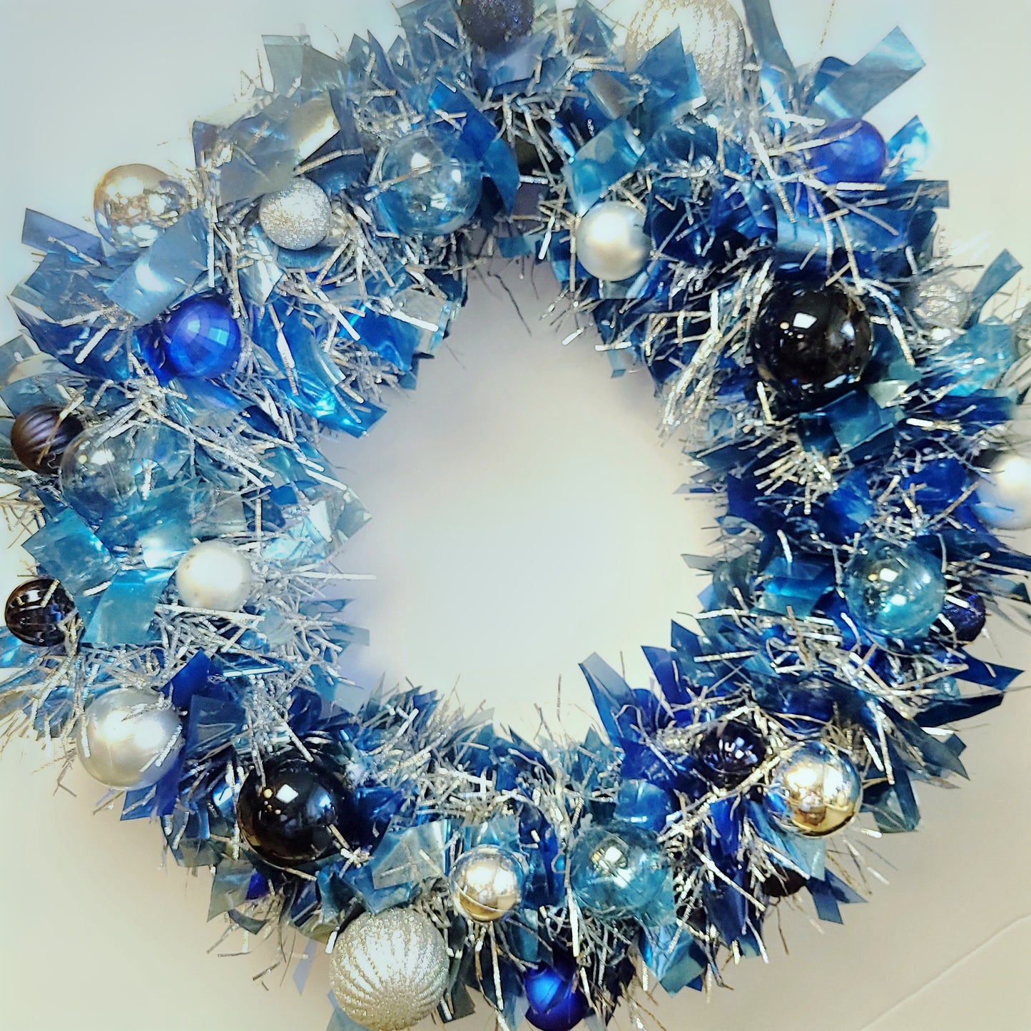 Luxury Icy Blue & Silver Ornament Wreath (16"), Lighted Modern Christmas Door Decor, Custom Handmade Blue Glam Wreath