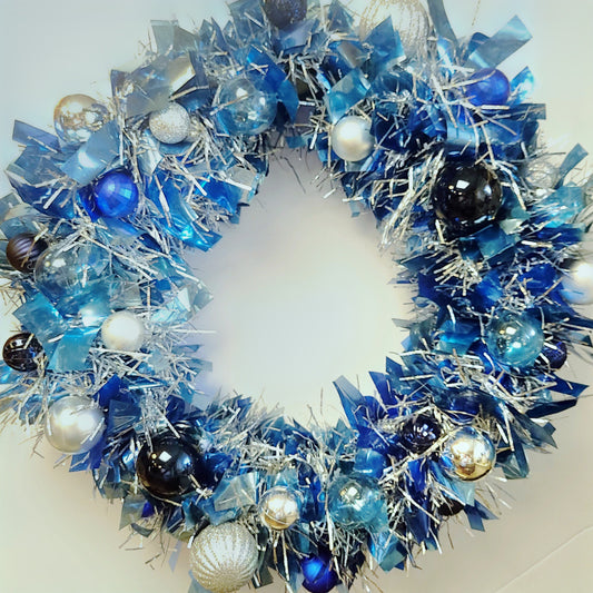 Luxury Icy Blue & Silver Ornament Wreath (16"), Lighted Modern Christmas Door Decor, Custom Handmade Blue Glam Wreath