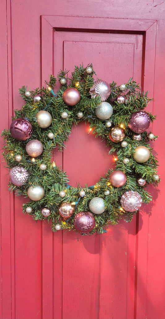 Luxury Pink & Gold Christmas Wreath, 19" Handmade Prelit Holiday Door Decor, Champagne Shimmer, Pastel Pink Noel Sign