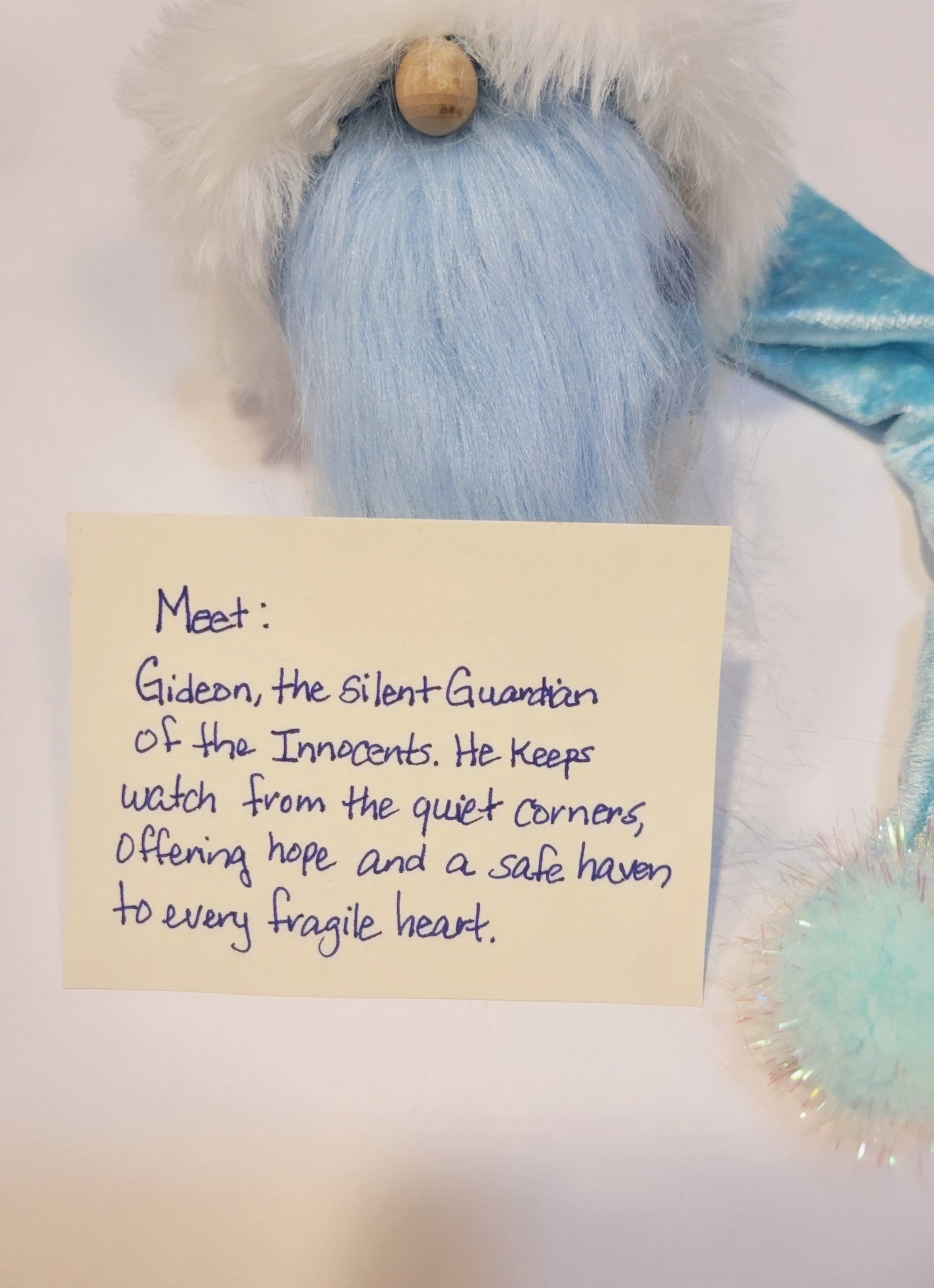 Child Abuse Awareness Gift Gnome - Gideon the Silent Guardian - Blue Ribbon Support Decor - Mission Driven Handmade Gift - Shelf Sitter