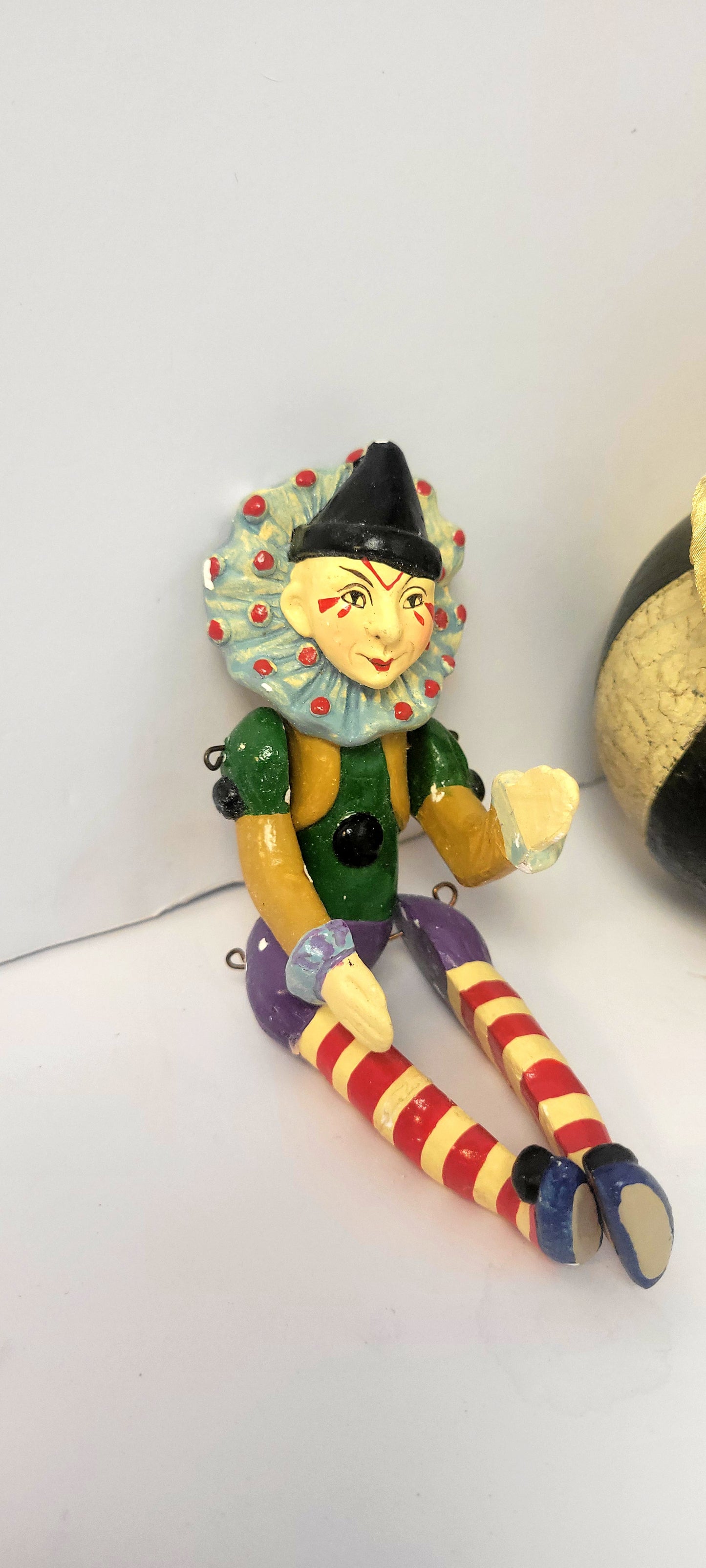Vintage Made in Taiwan Handpainted Jointed Clown Ornament striped ball ornament