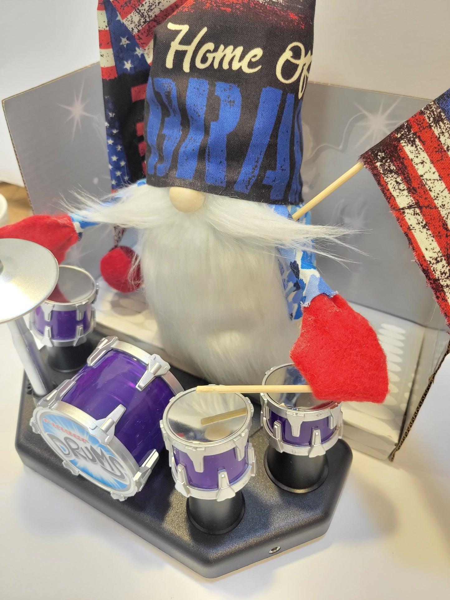 War Veteran Gnome Drummer Playing Mini Drums  Musician Band Home Decor