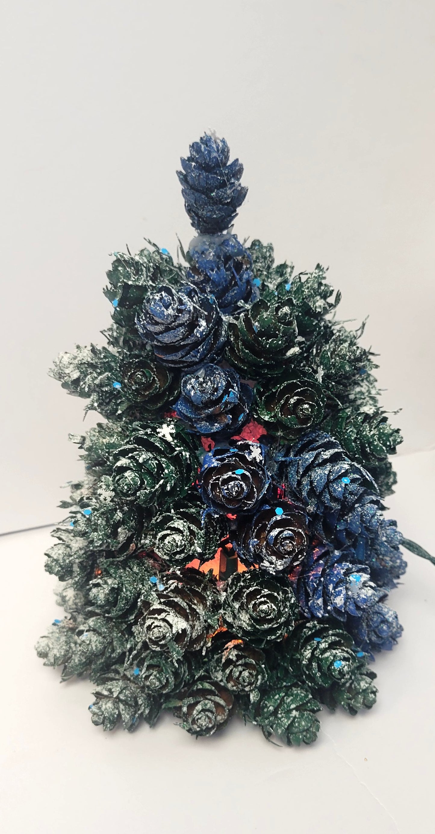 Artisan Pinecone Christmas Tree with Lights | Handpainted Frosted Indigo & Emerald Tabletop Decor | Unique Holiday Gift